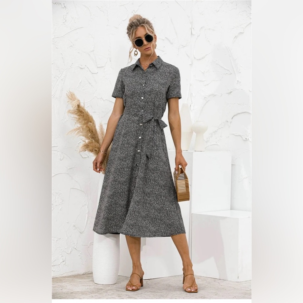 Numa Girl | Button Front Tie Waist Midi Dress - Black/White - SM - LIKE NEW!